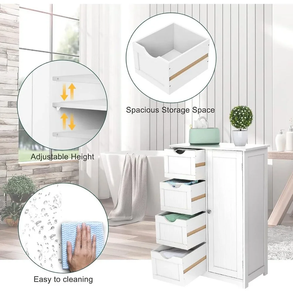 Small Wooden White Storage Cabinet 4 Drawers and 1 Cupboard Adjustable Shelf